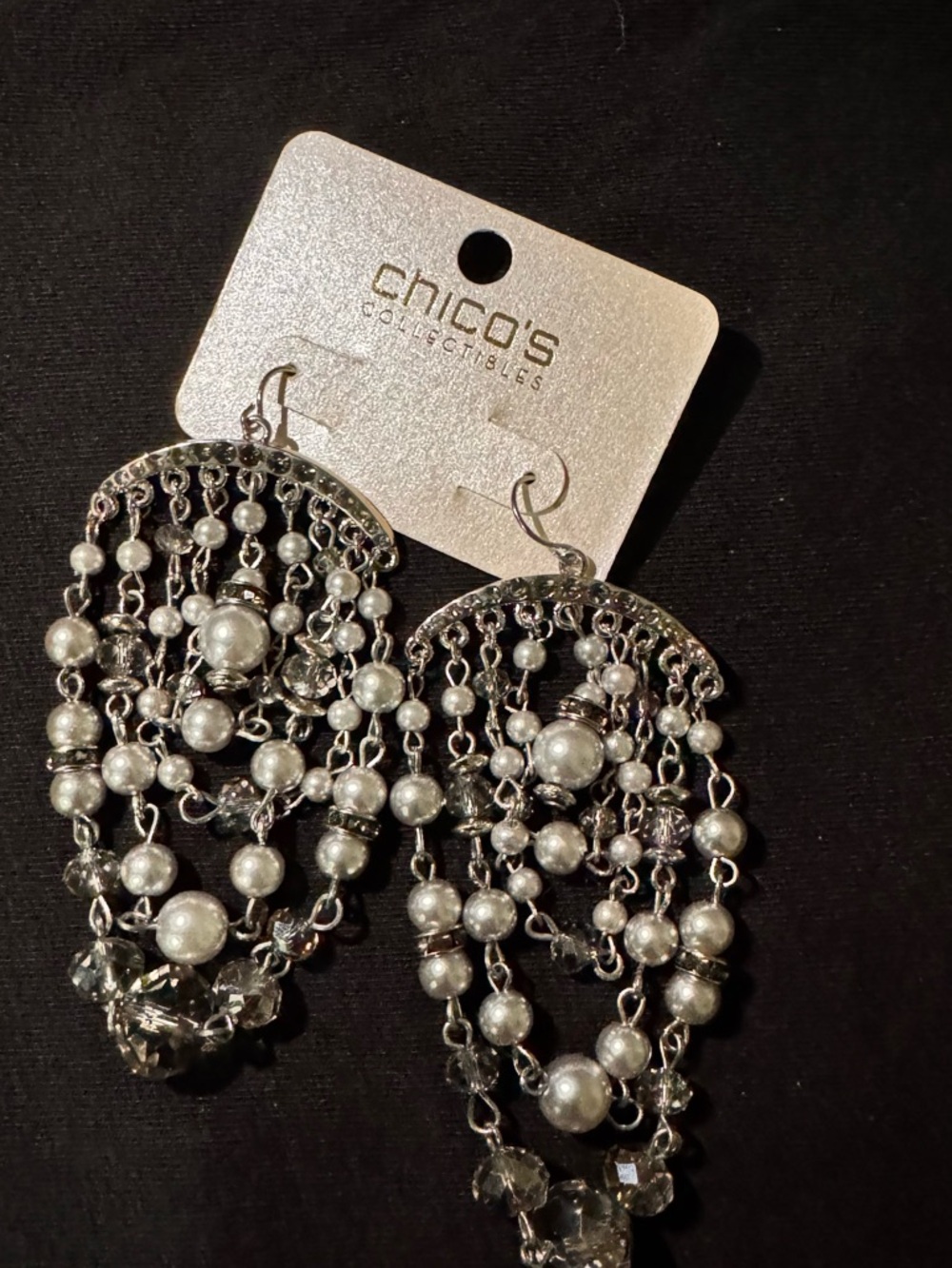 Chico's Silver Pearl & Crystal Cascading Chandelier Earrings